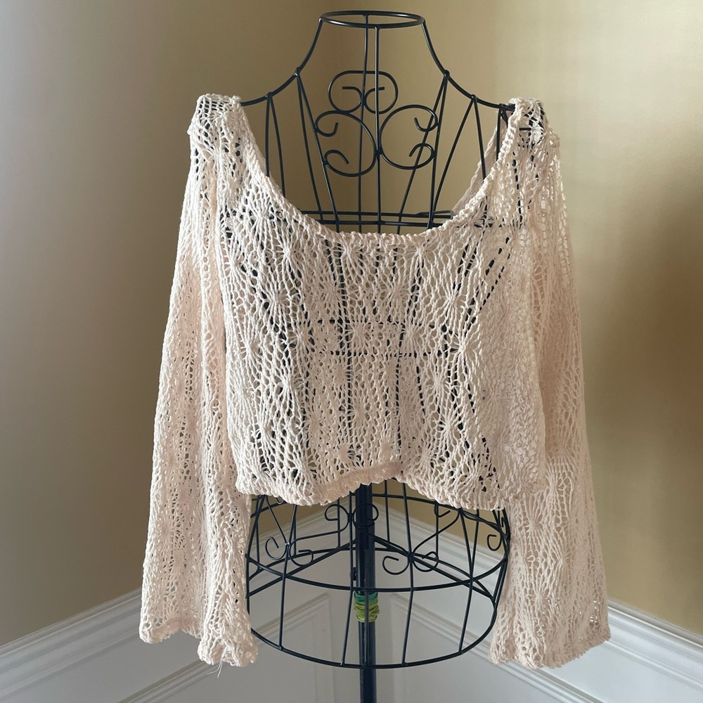 La Hearts Cream Off-the-Shoulder Sweater